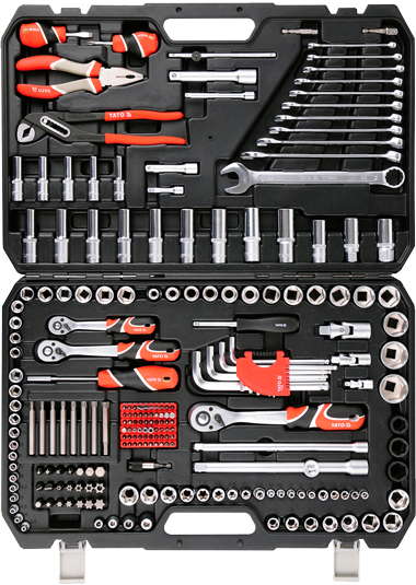 YT-38941 1/4" 1/2" Набор метрических (3,5-32 мм) и дюймовых (1/4"-7/8") головок с инструментом и ключами, 225 предмета