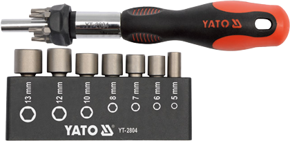 YT-2804 Трещоточная отвёртка с насадками  (- + *) и головками, 14 предметов